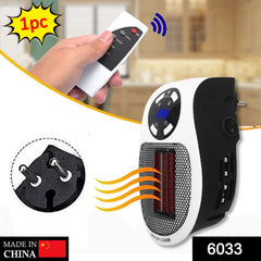 White and black wall heater with an orange glow, a hand holding a remote, and a close-up of the two-prong plug.