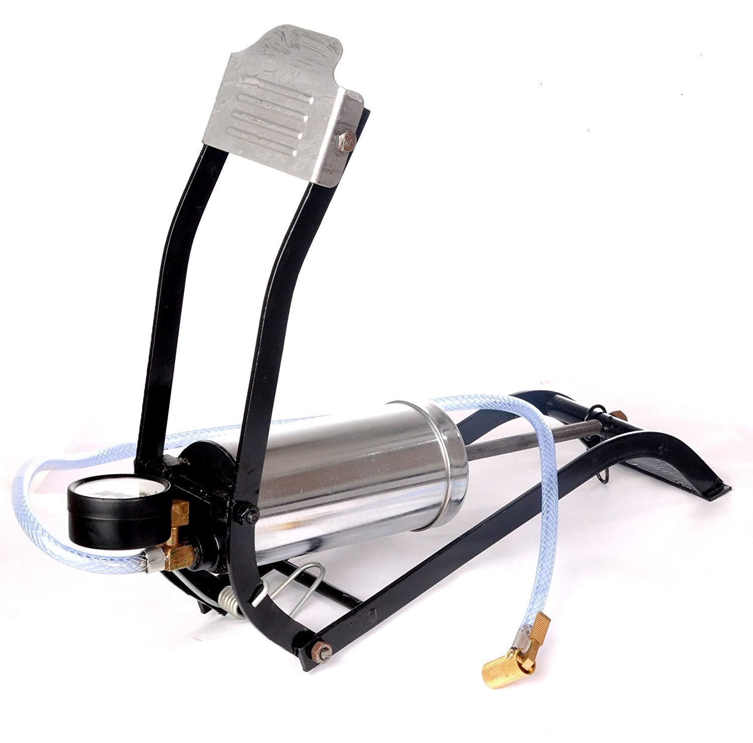 A black and silver foot pump with a pressure gauge and clear hose is angled on a white background.