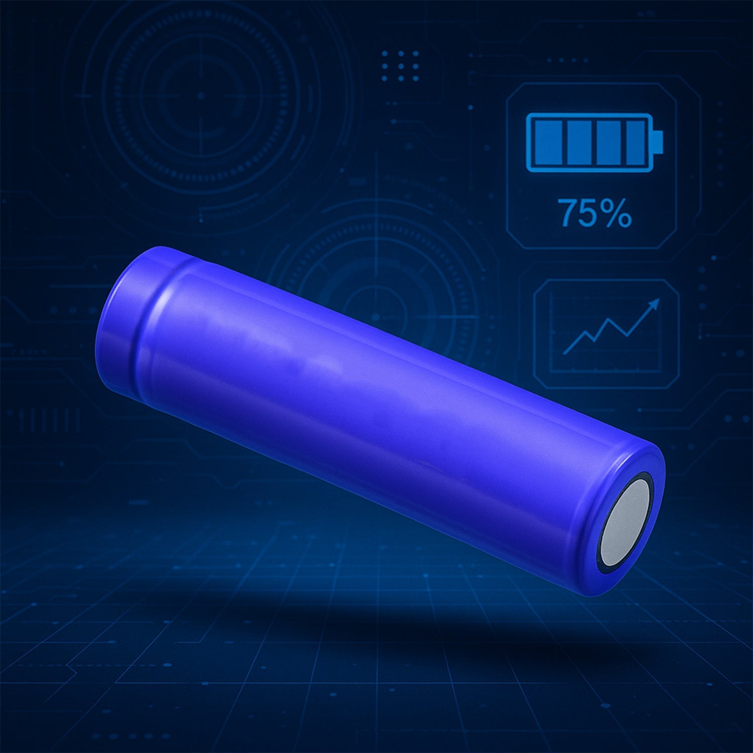 A blue lithium-ion battery floats diagonally against a dark blue background with digital icons.