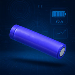 A blue lithium-ion battery floats diagonally against a dark blue background with digital icons.