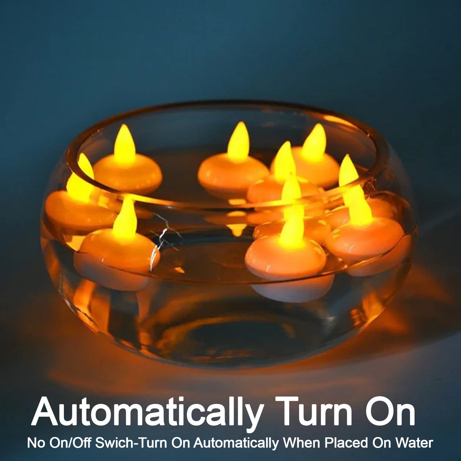 Battery-operated white LED flameless floating tea lights for decoration.