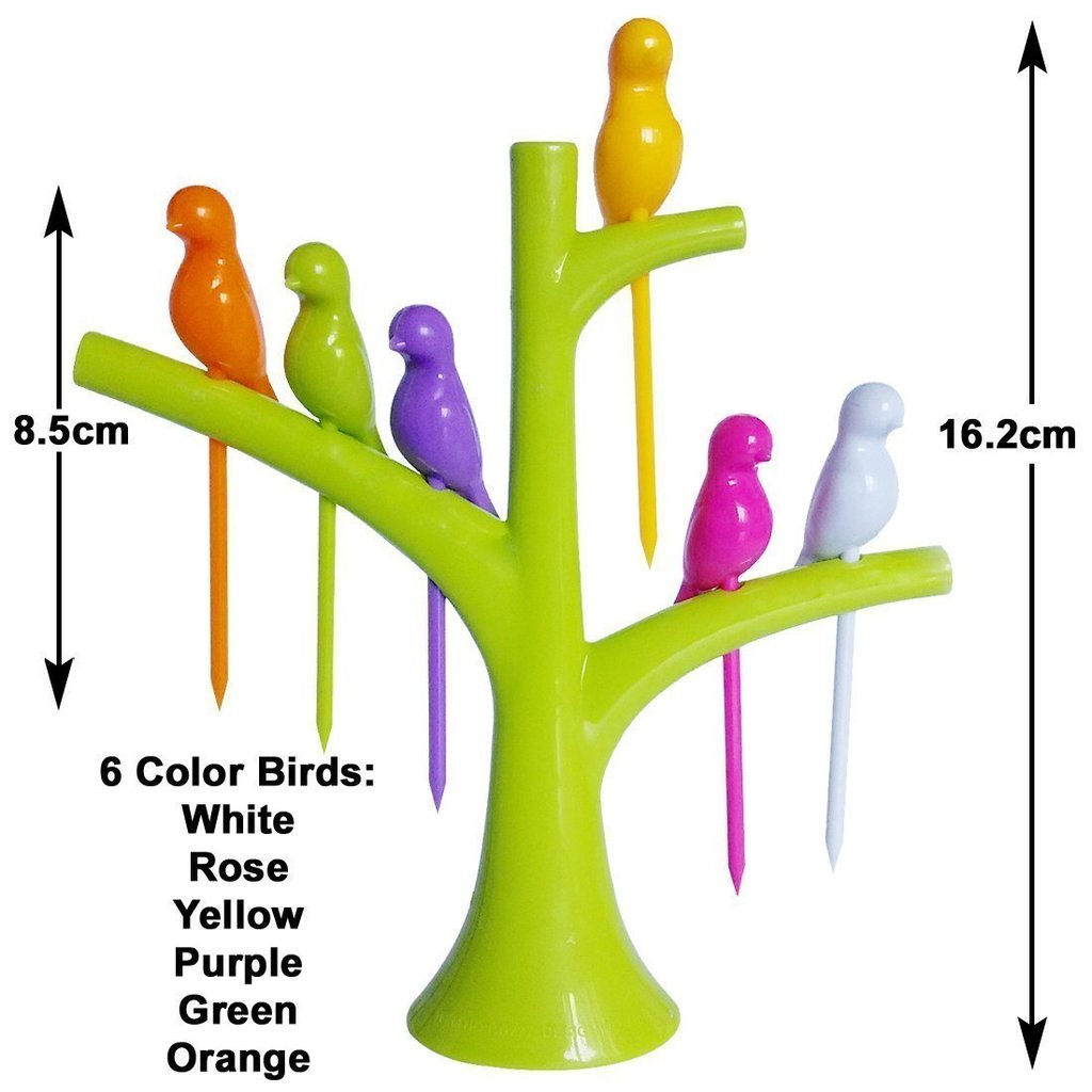 A green tree holder with six colorful bird fruit forks, showing dimensions of 8.5cm and 16.2cm, and listing the six bird