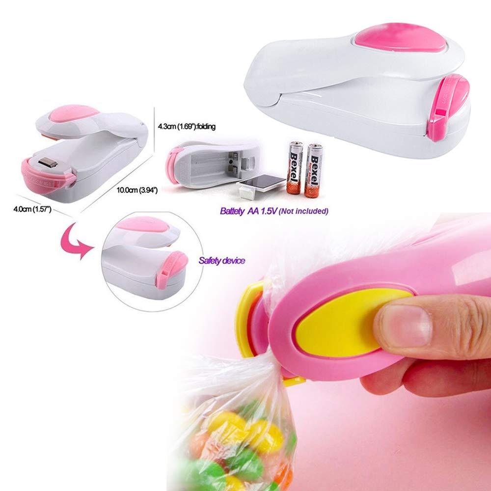 A white and pink mini heat sealer is shown with dimensions, battery compartment, and a safety device. A hand uses it to seal