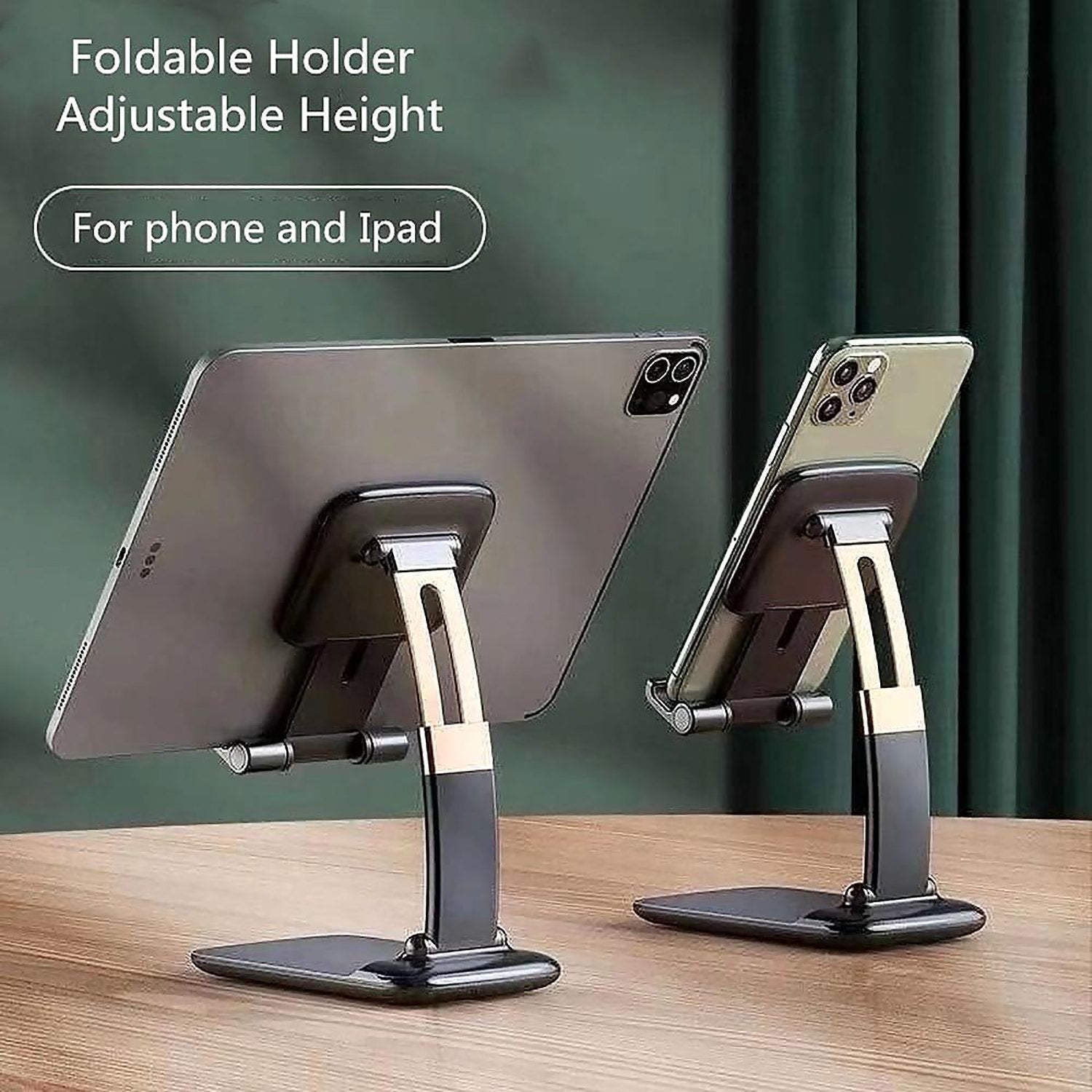 Two black and gold foldable stands, one holding a tablet and the other a smartphone, against a dark green curtain.