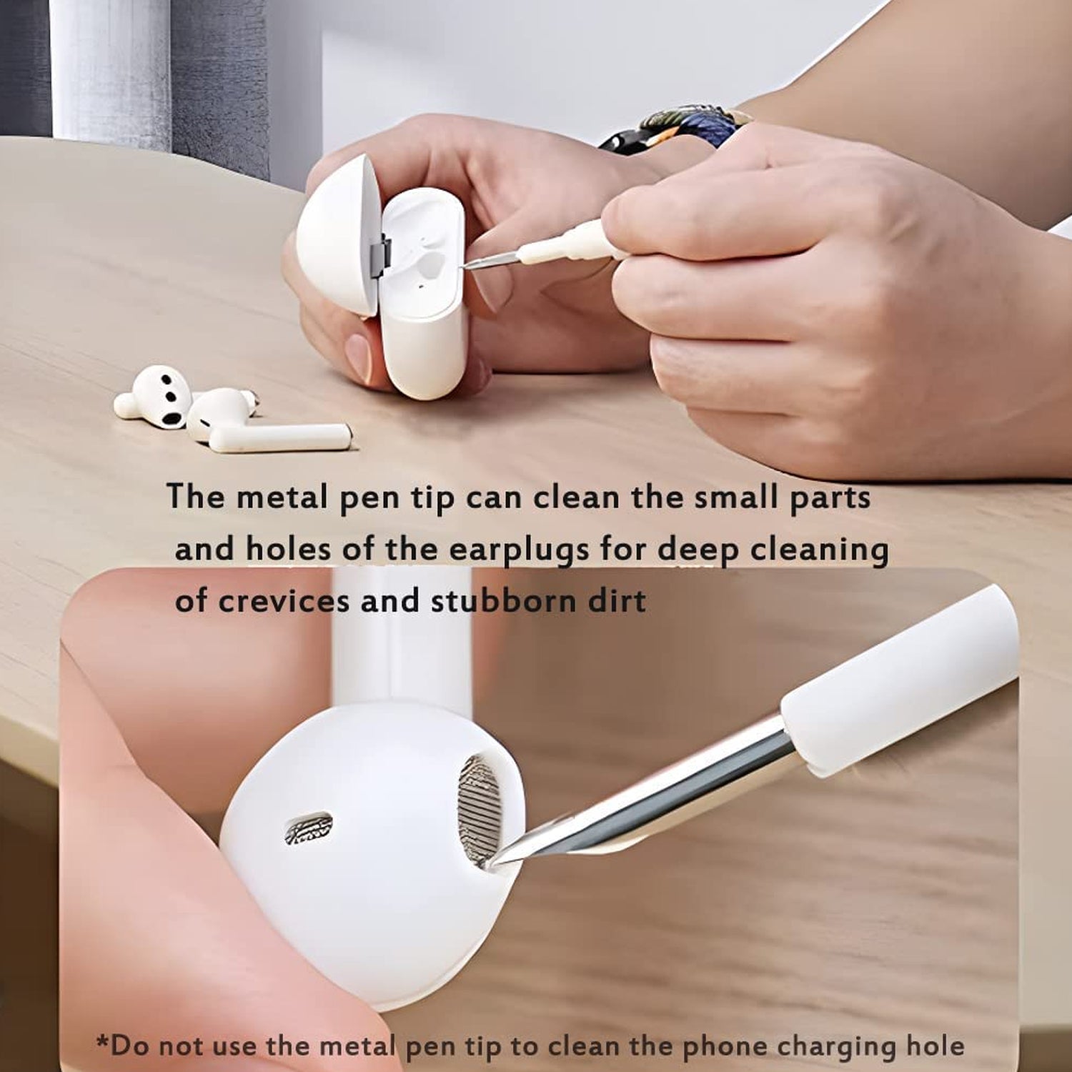 The soft microfiber cloth attachment cleaning a smartphone screen, removing smudges.