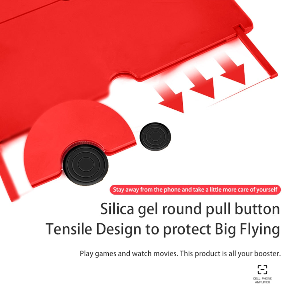 A close-up of the red mobile phone screen magnifier shows a black circular pull button and red arrows, with text overlay.