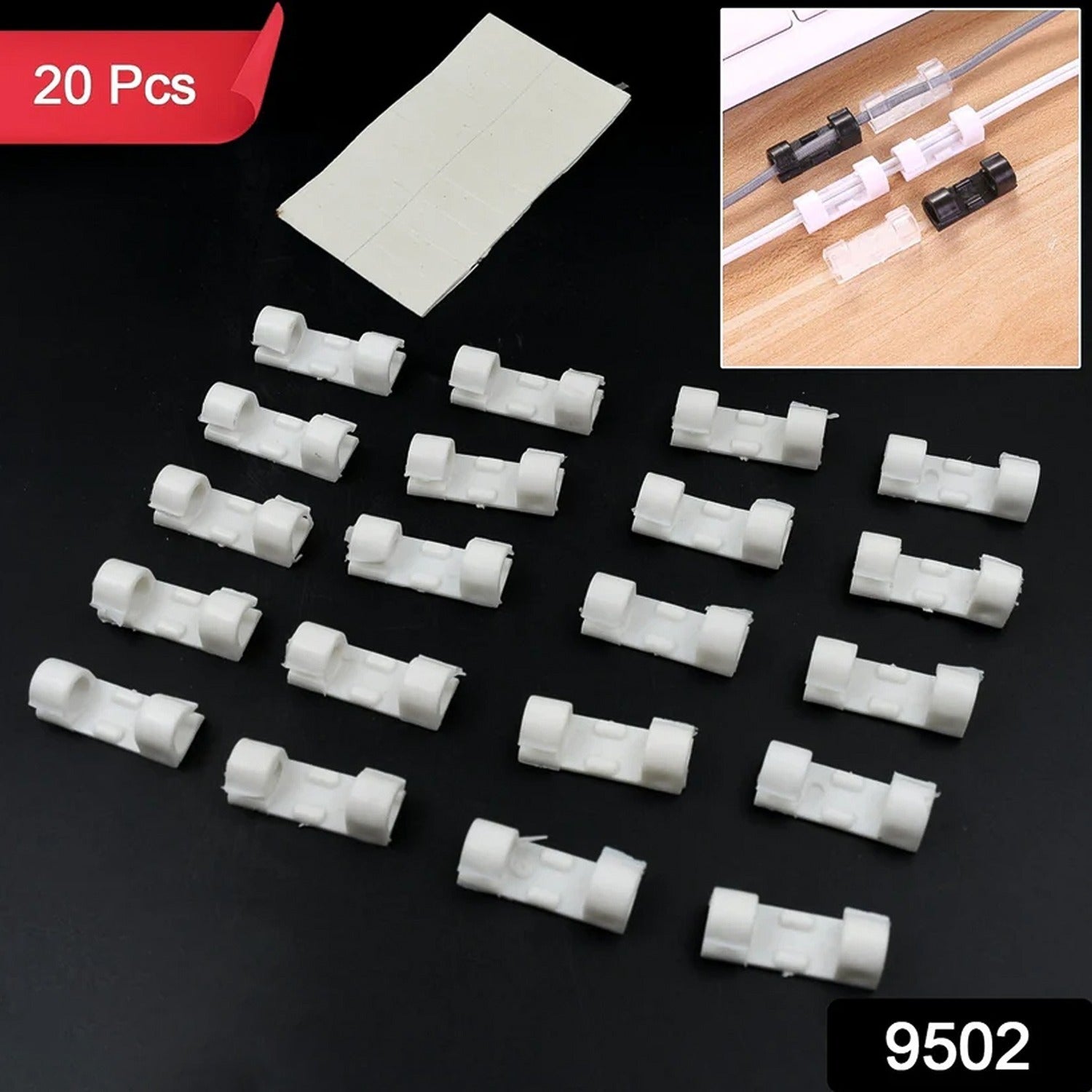 Twenty white plastic cable clips and an adhesive strip on a dark surface, with an inset showing black and clear clips