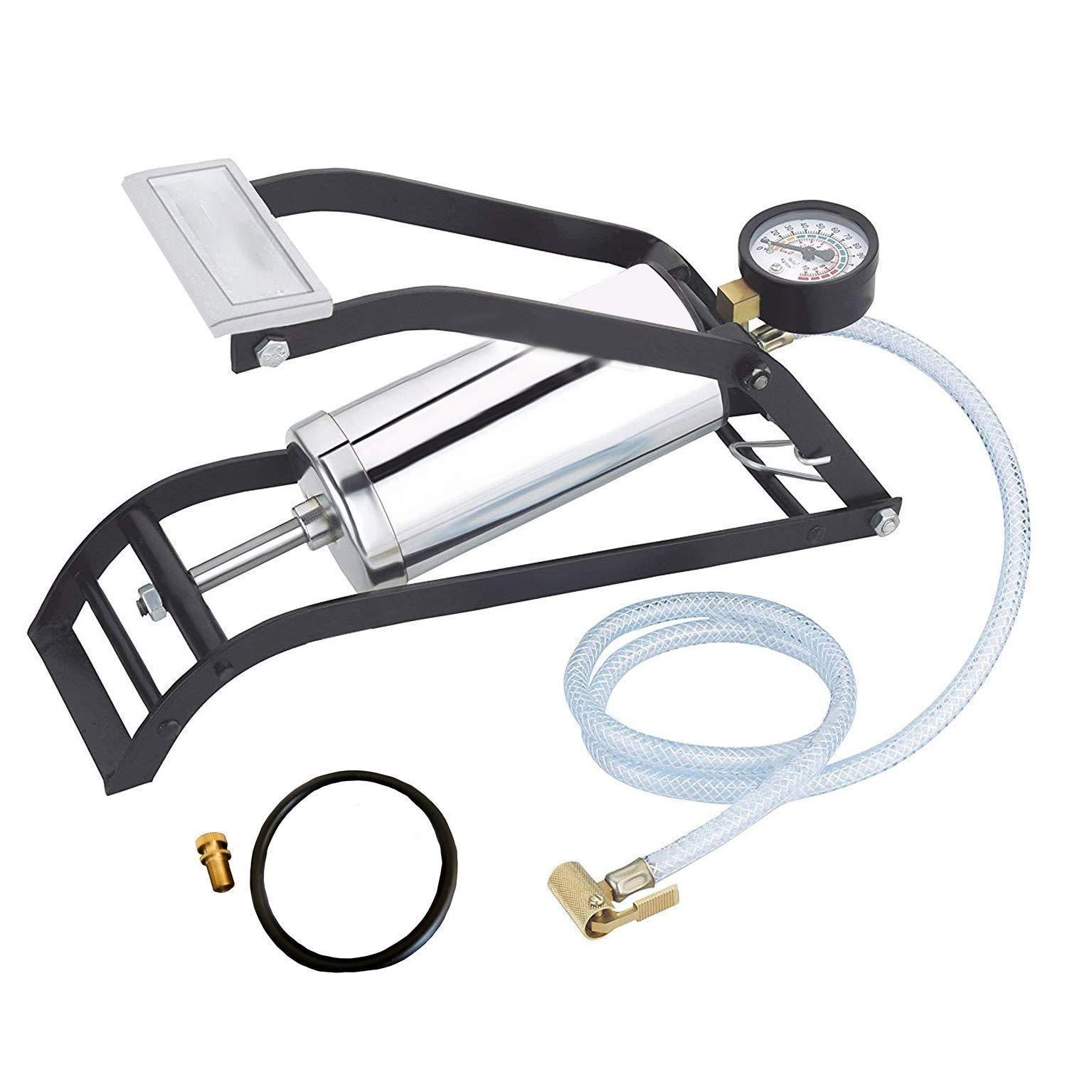A black and silver foot pump with a pressure gauge and clear hose is shown with a small O-ring and valve stem.