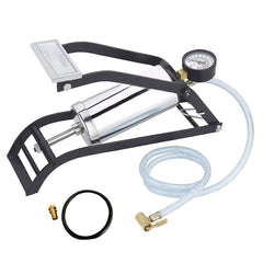 A black and silver foot pump with a pressure gauge and clear hose is shown with a small O-ring and valve stem.