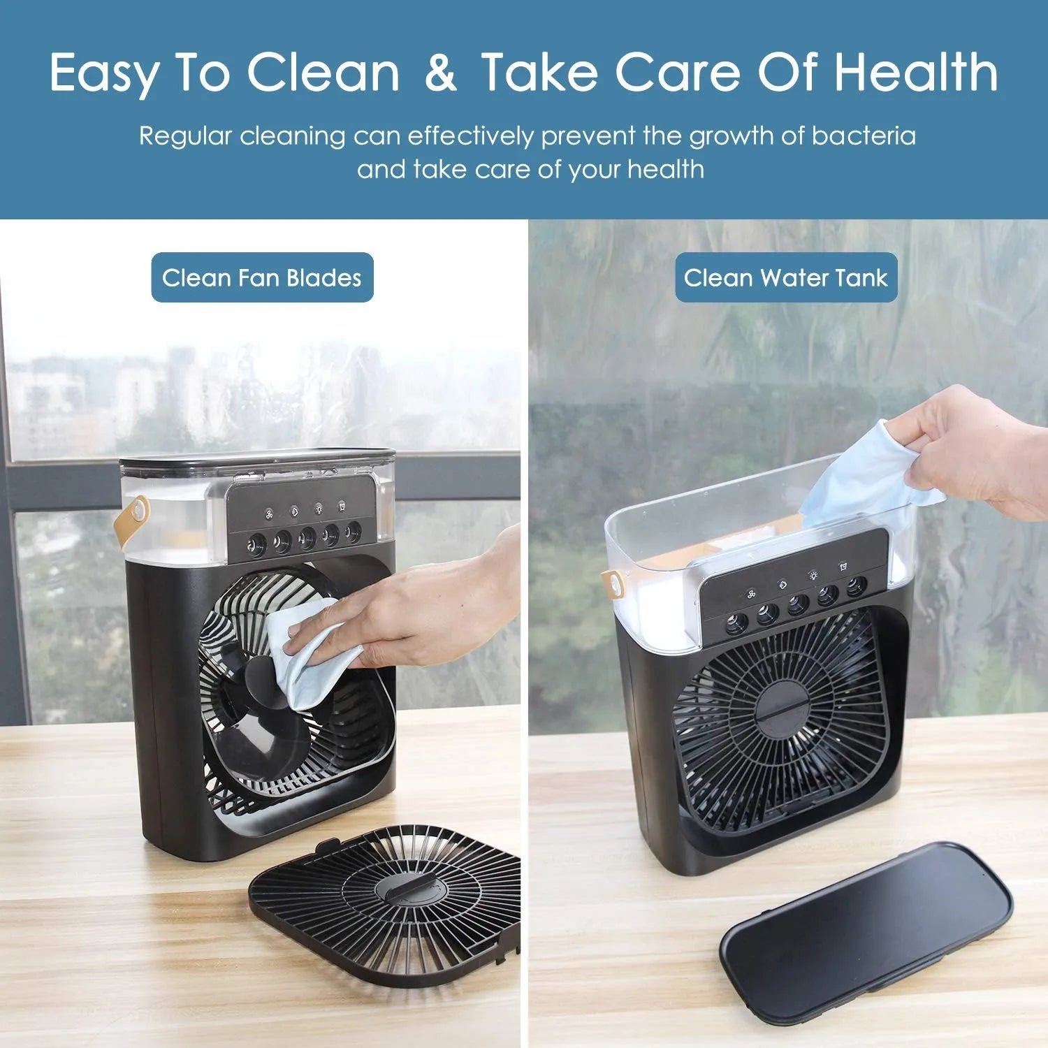 Mini Air Cooler Fan with Mist & LED Light | USB Rechargeable Portable Humidifier Fan for Desk & Travel