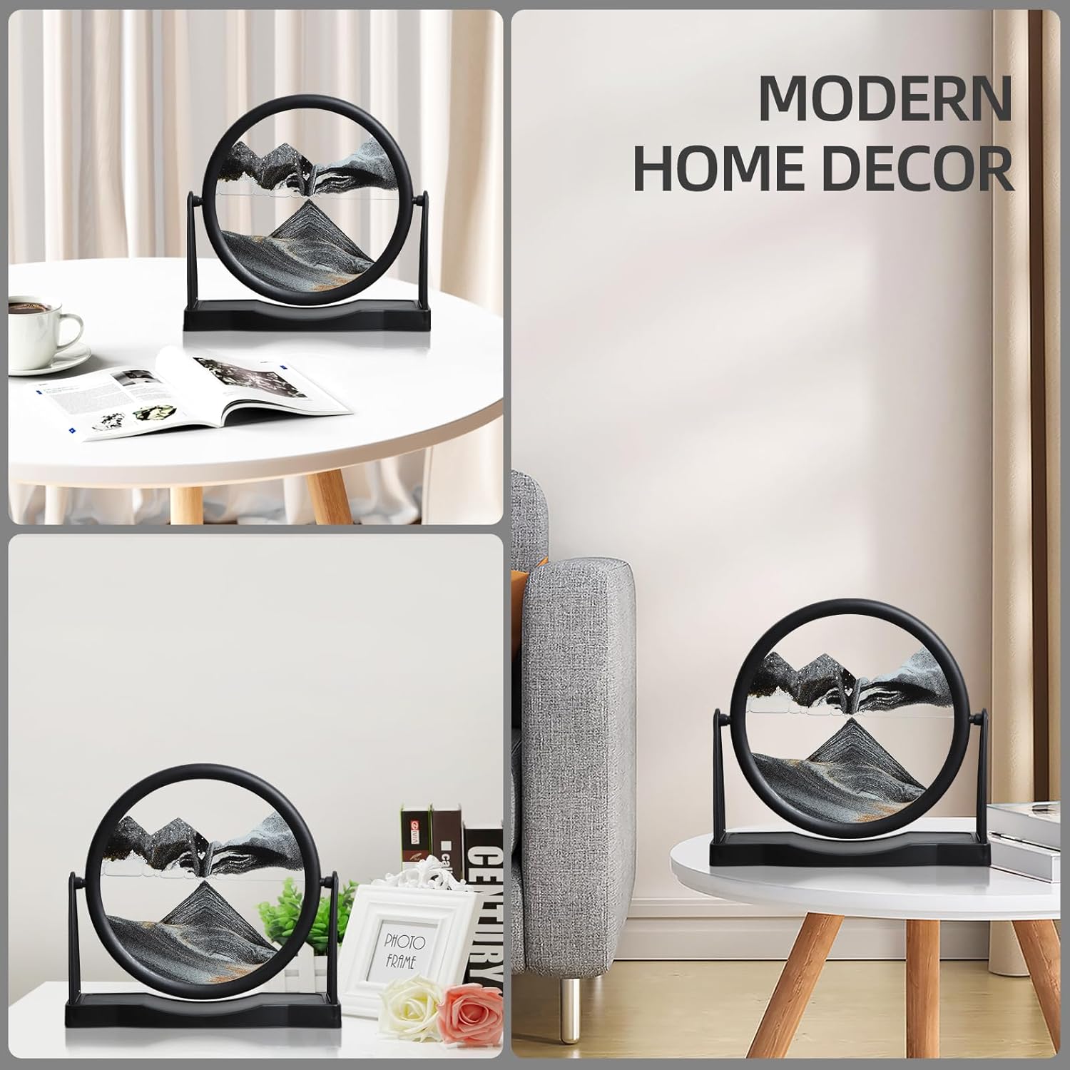 Moving Sand Art Picture Decor – 3D Deep Sea Sandscape Liquid Motion Round Glass Frame | Flowing Sand Art for Stress Relief | Artistic Desktop Decor for Home & Office