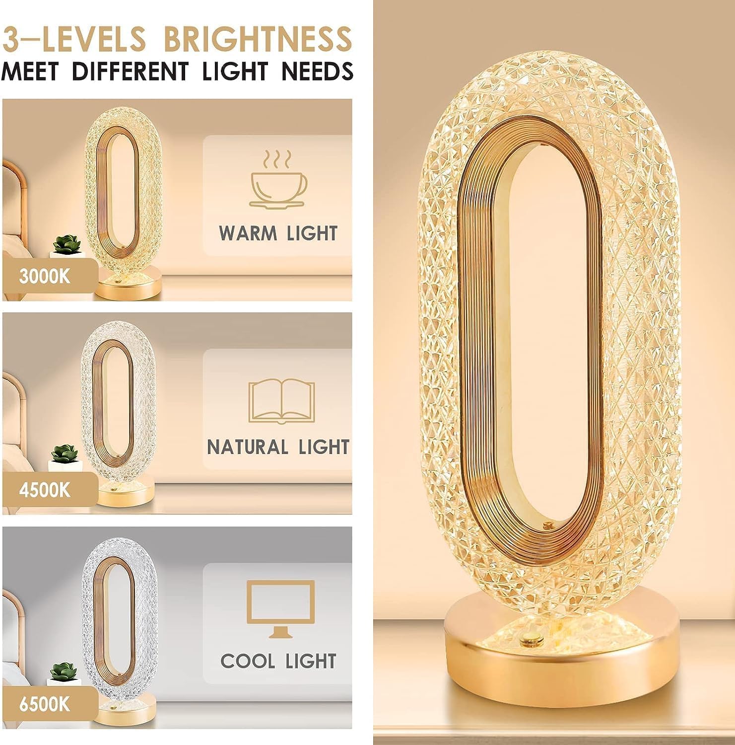 Crystal Oval Touch Table Lamp with 3 Light Modes & Dimming