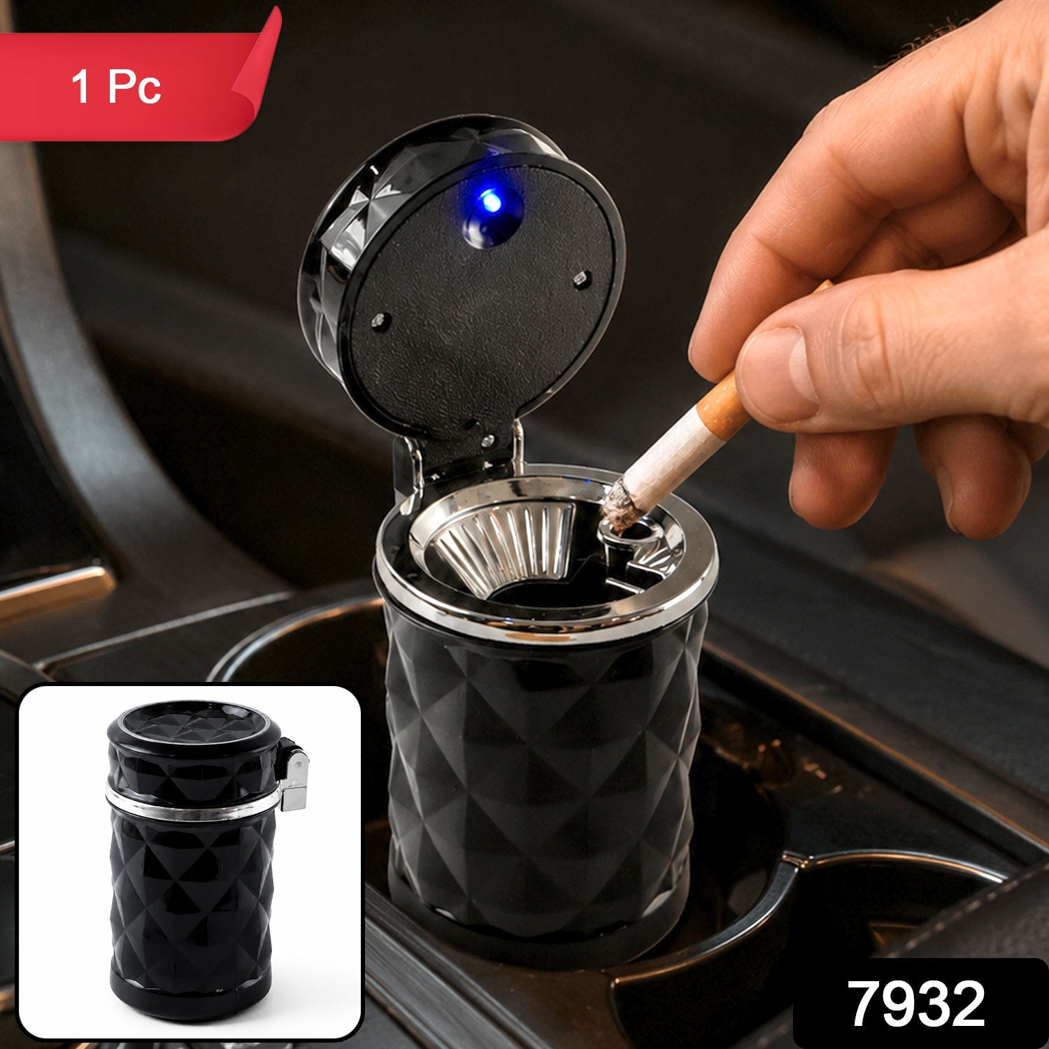 Car Cupholder Ashtray – LED Light, Lid & Portable Bin | Velvet Wheels