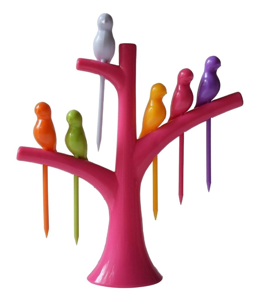 A pink tree holder with six colorful bird fruit forks, including white, orange, green, yellow, pink, and purple.