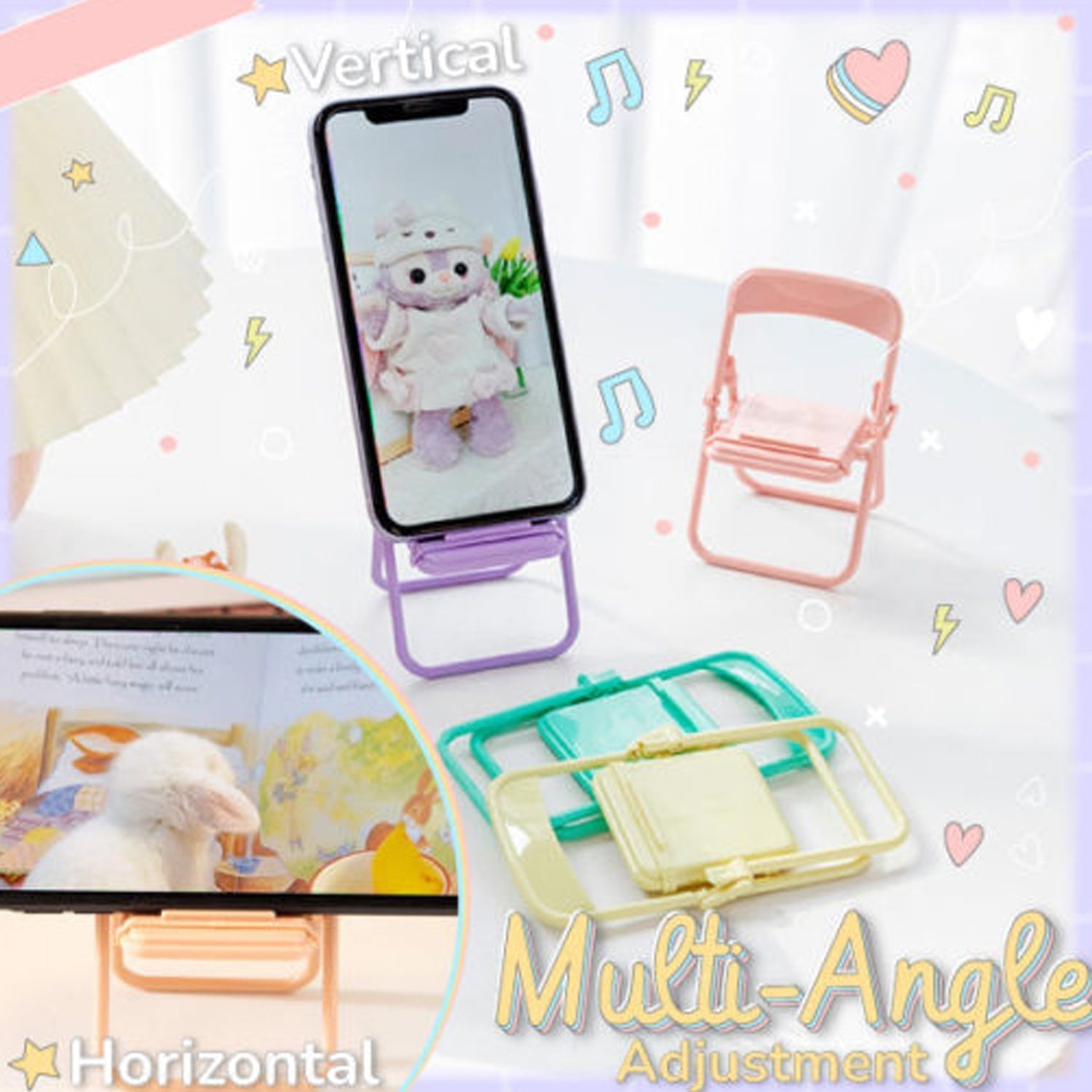A phone in vertical orientation on a purple chair stand and a phone in horizontal orientation on a peach chair stand.