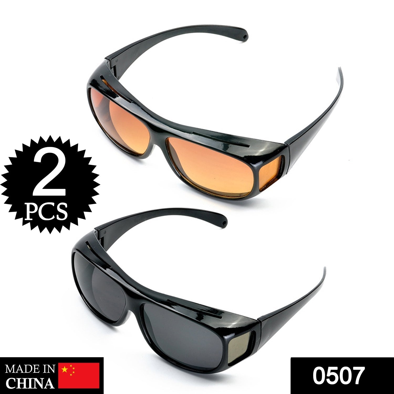 Two pairs of wrap-around glasses, one with yellow-orange lenses and one with dark lenses, on a white background, with a "2