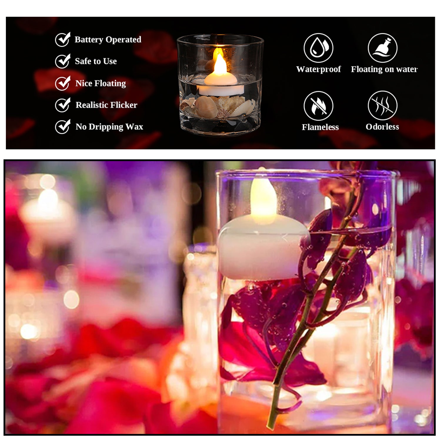 A white LED floating candle in a glass with purple flowers, and a list of features like waterproof and flameless.