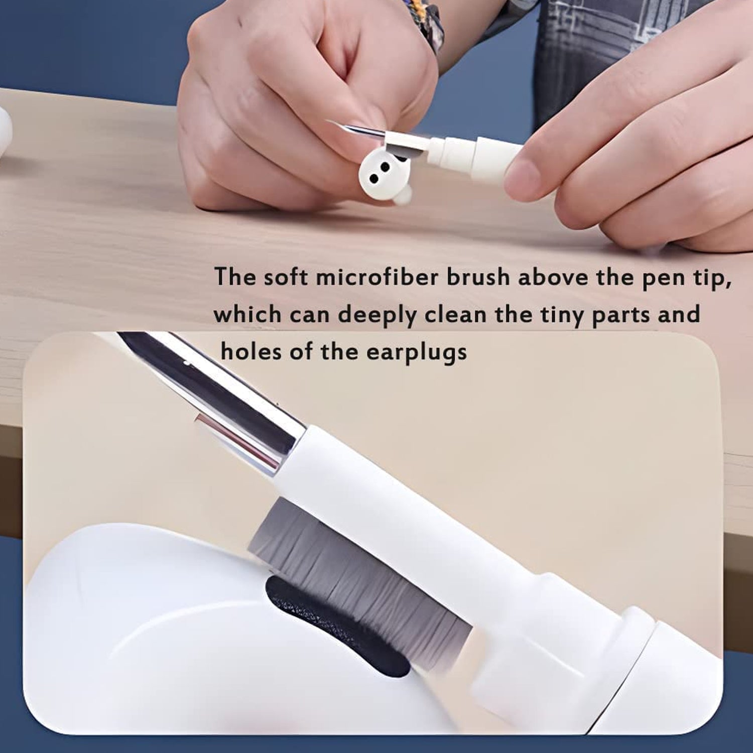 Illustrative image showing the before and after effect of using the earbuds cleaning pen.