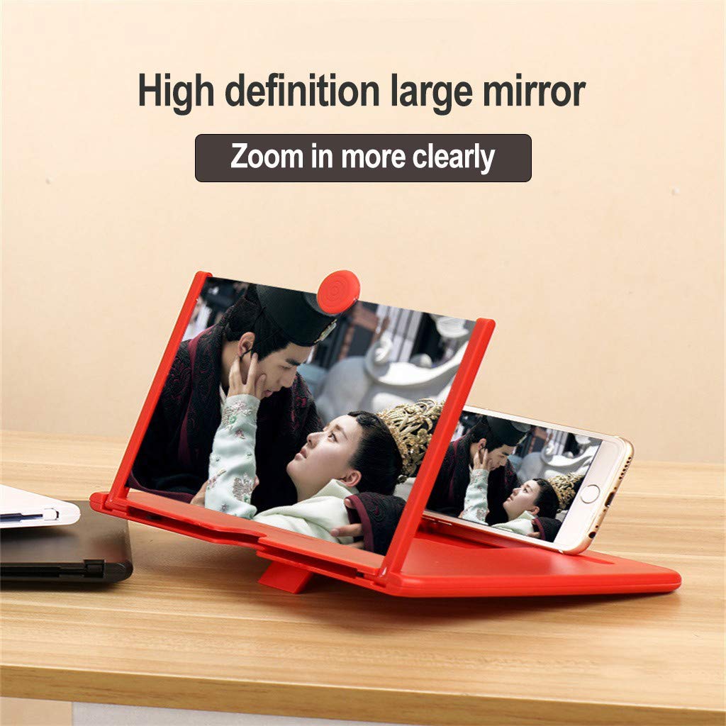 A red mobile phone screen magnifier with a red pull tab displays a movie scene, with a phone showing the same scene next to