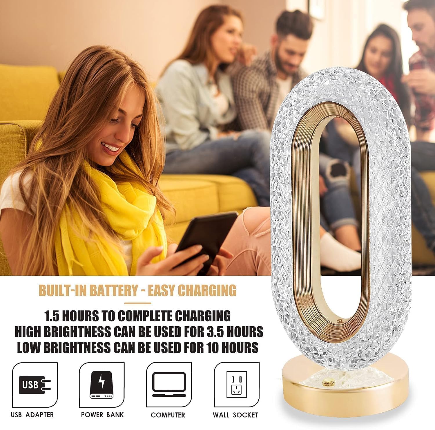 Crystal Oval Touch Table Lamp with 3 Light Modes & Dimming