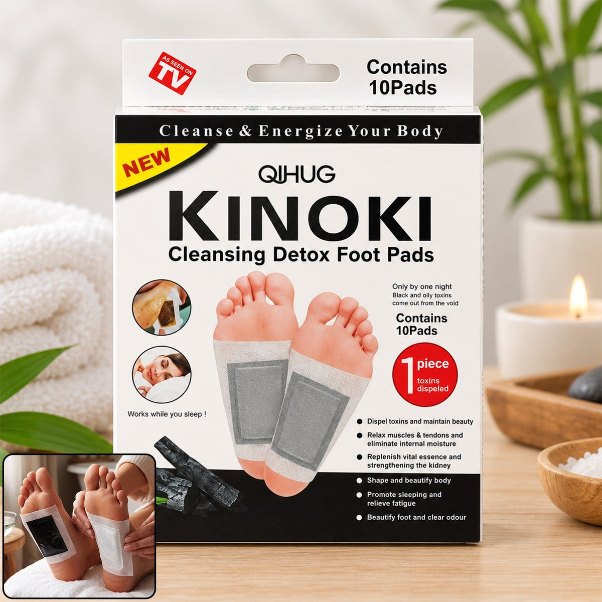 Kinoki Cleansing Detox Foot Pads box with product information and images of feet using the pads.