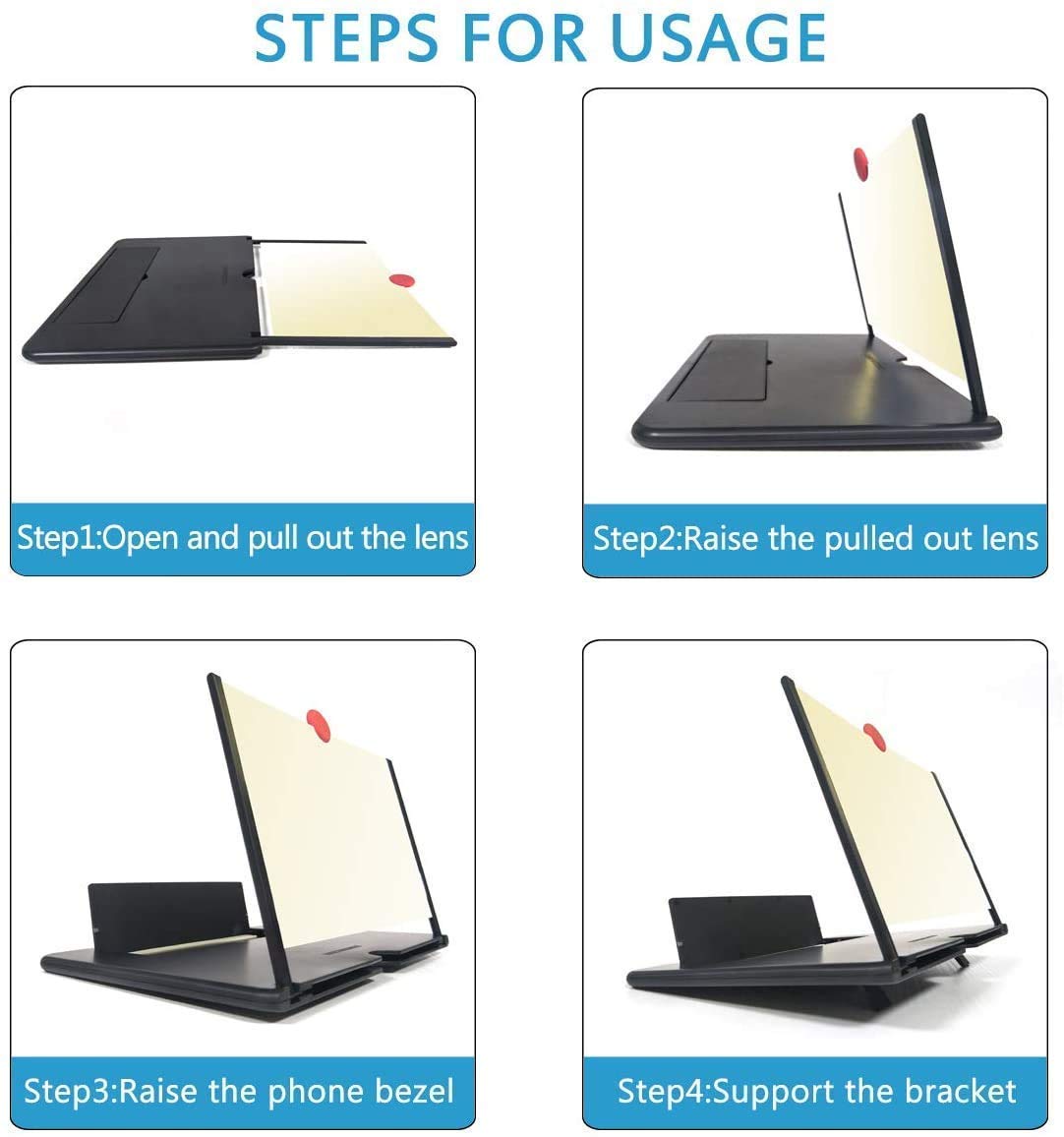 Four steps for using the mobile phone screen magnifier are illustrated with black and white diagrams on a white background.