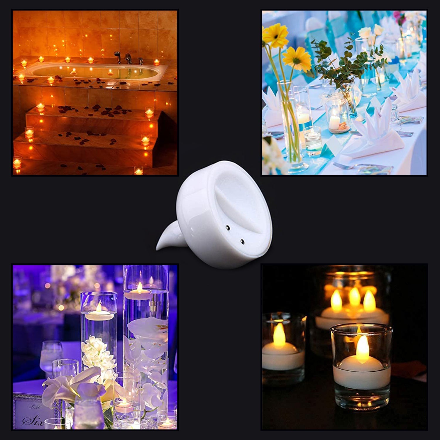Five collage images showing white LED candles in various decorative settings and a close-up of the candle's underside.