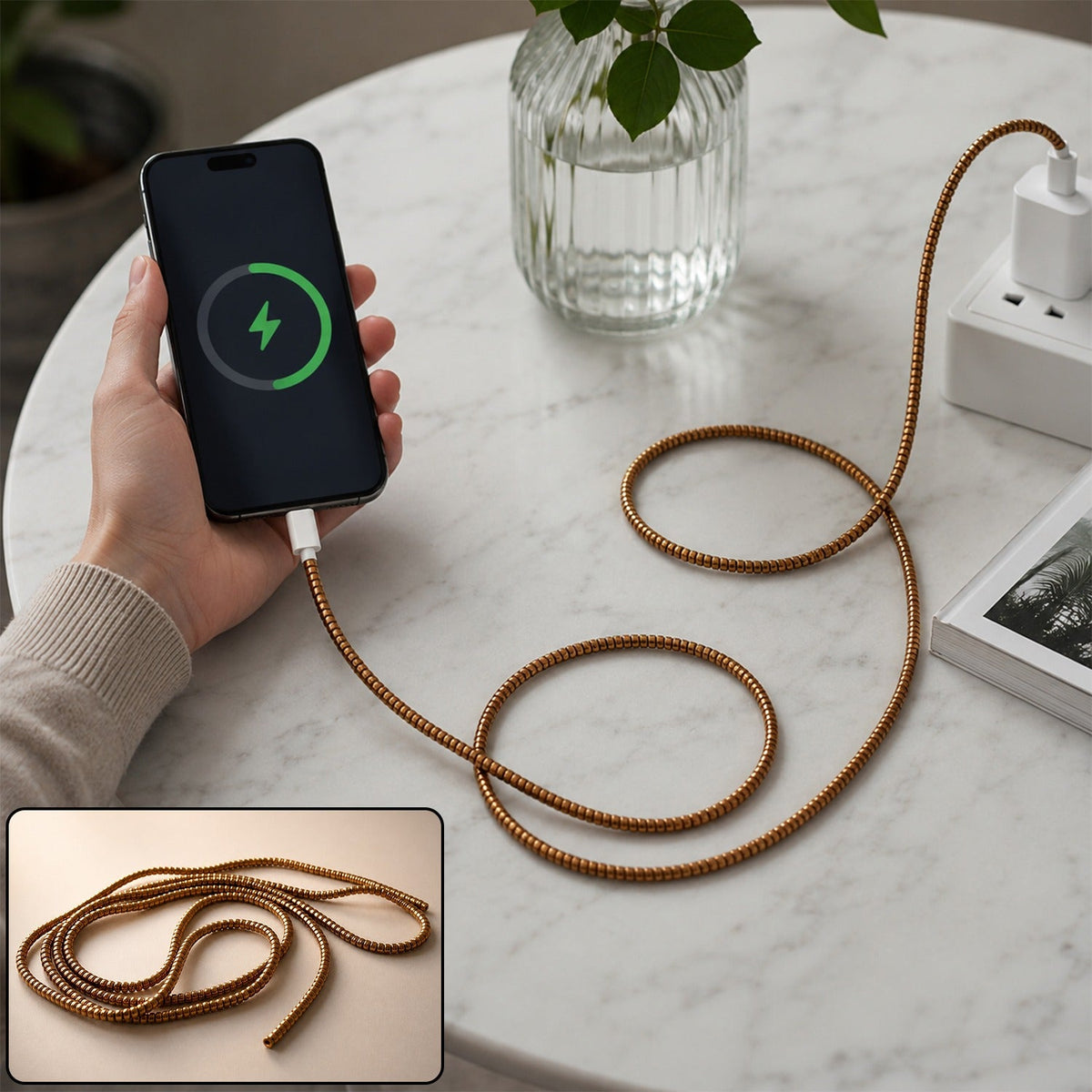 A hand holds a phone charging with a long, coiled, brown spiral cable protector sleeve on a marble table.
