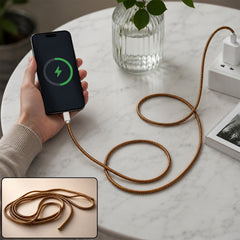 A hand holds a phone charging with a long, coiled, brown spiral cable protector sleeve on a marble table.