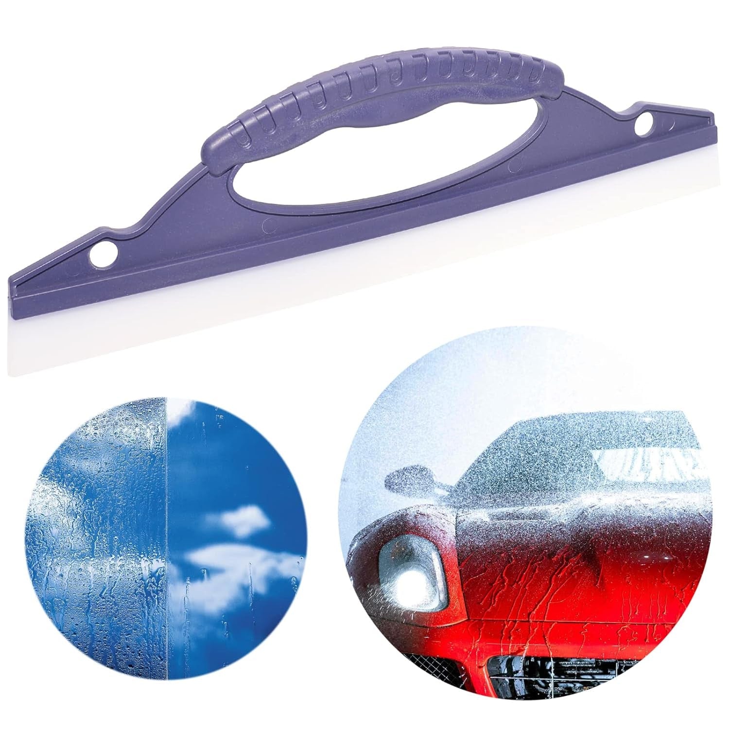 A purple squeegee above two circular insets: one showing a window with rain, the other a red car being washed.