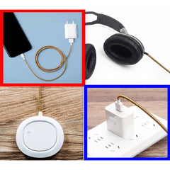 Four insets show a brown spiral cable protector sleeve used with a phone, headphones, and power strip.