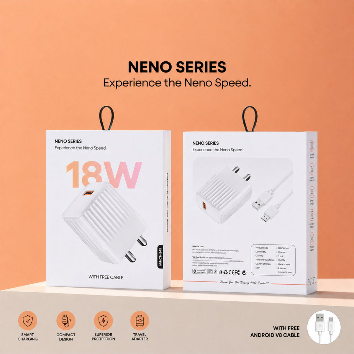 Front view of 18W fast charging USB wall adapter with Micro USB cable