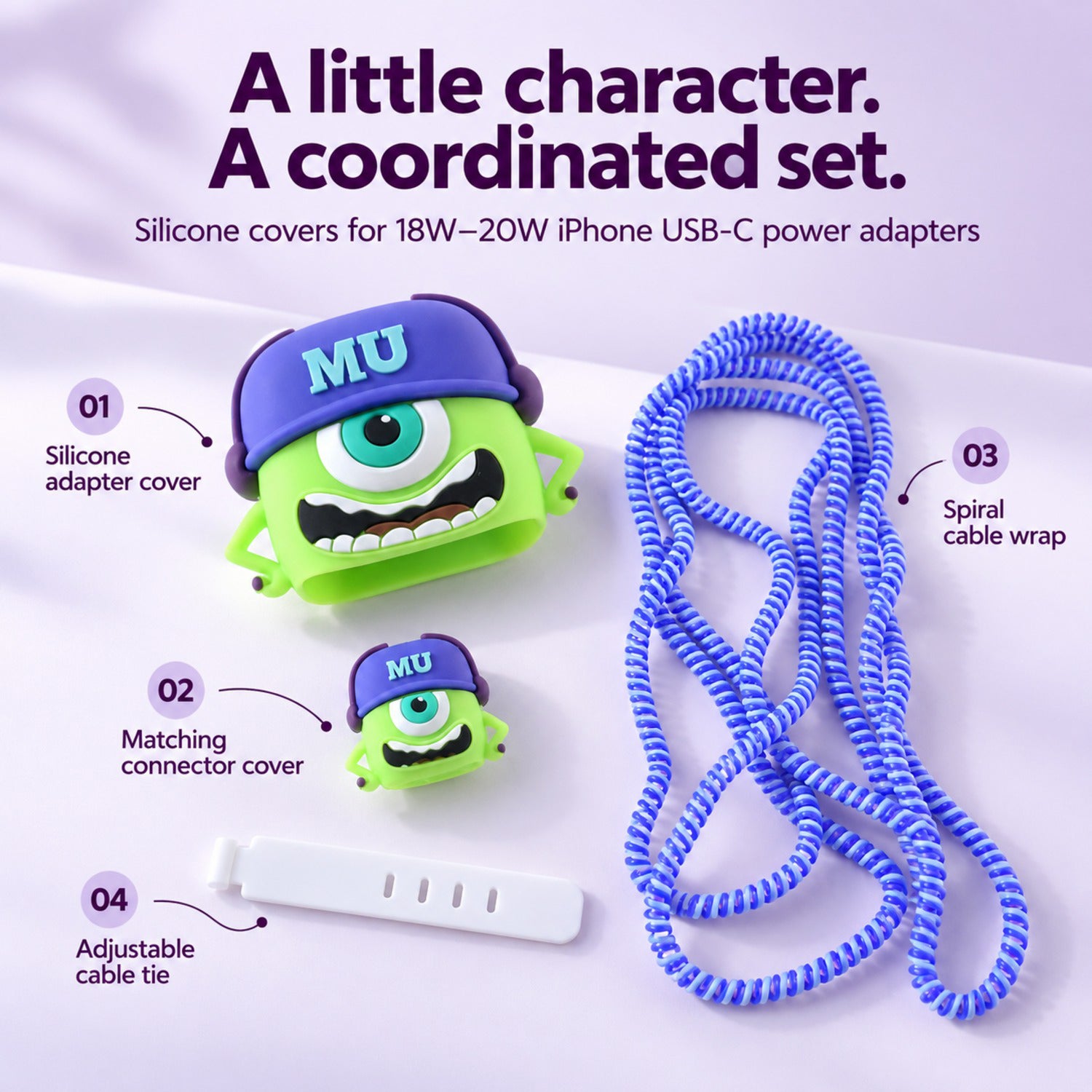 Green Mike Wazowski charger cover, connector cover, blue spiral cable wrap, and white adjustable cable tie.