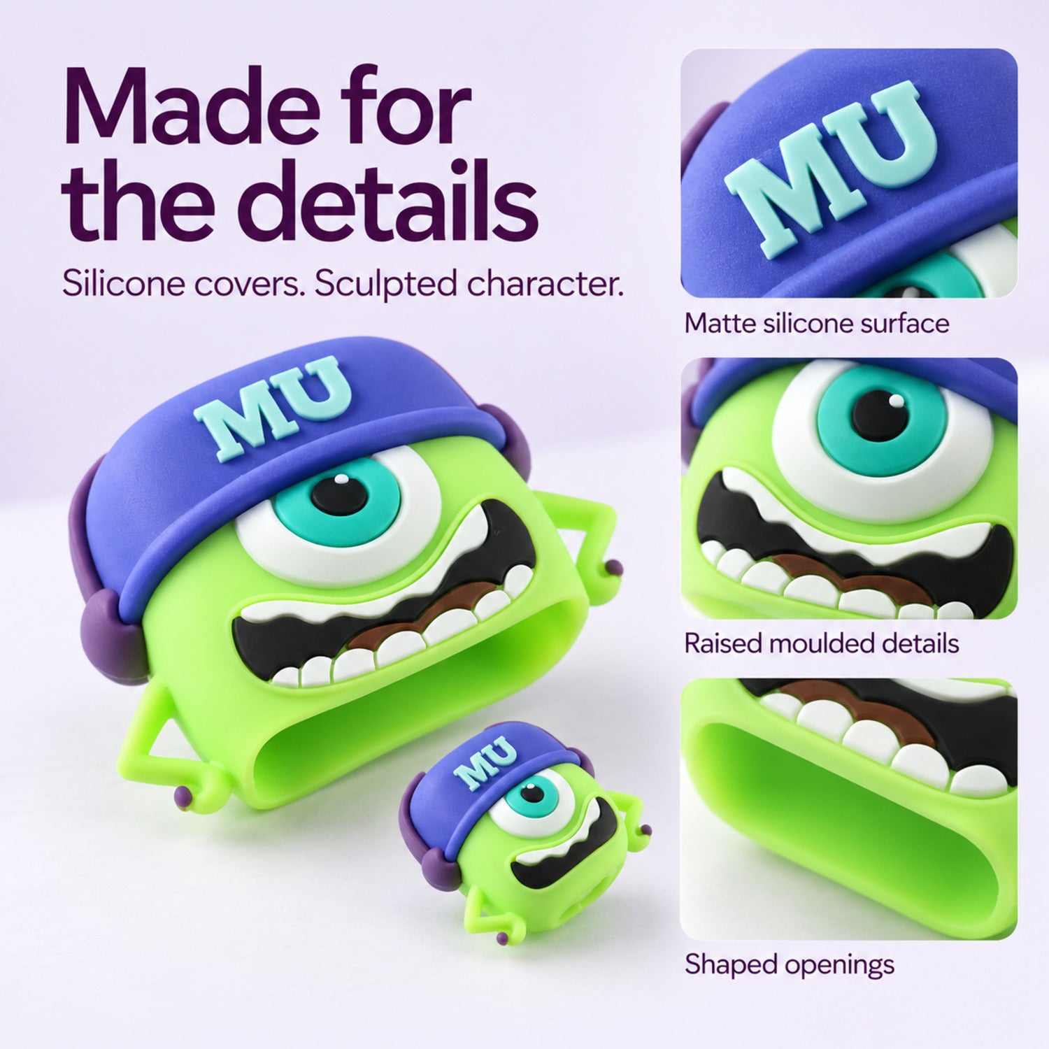 Detailed view of a green Mike Wazowski charger cover, highlighting its matte silicone, raised details, and shaped openings.
