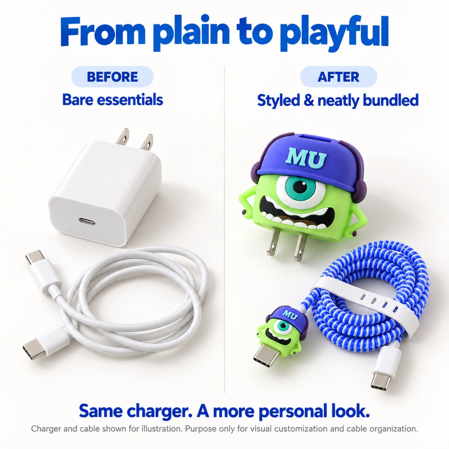 Comparison of a plain white charger and cable next to a styled green Mike Wazowski charger set.