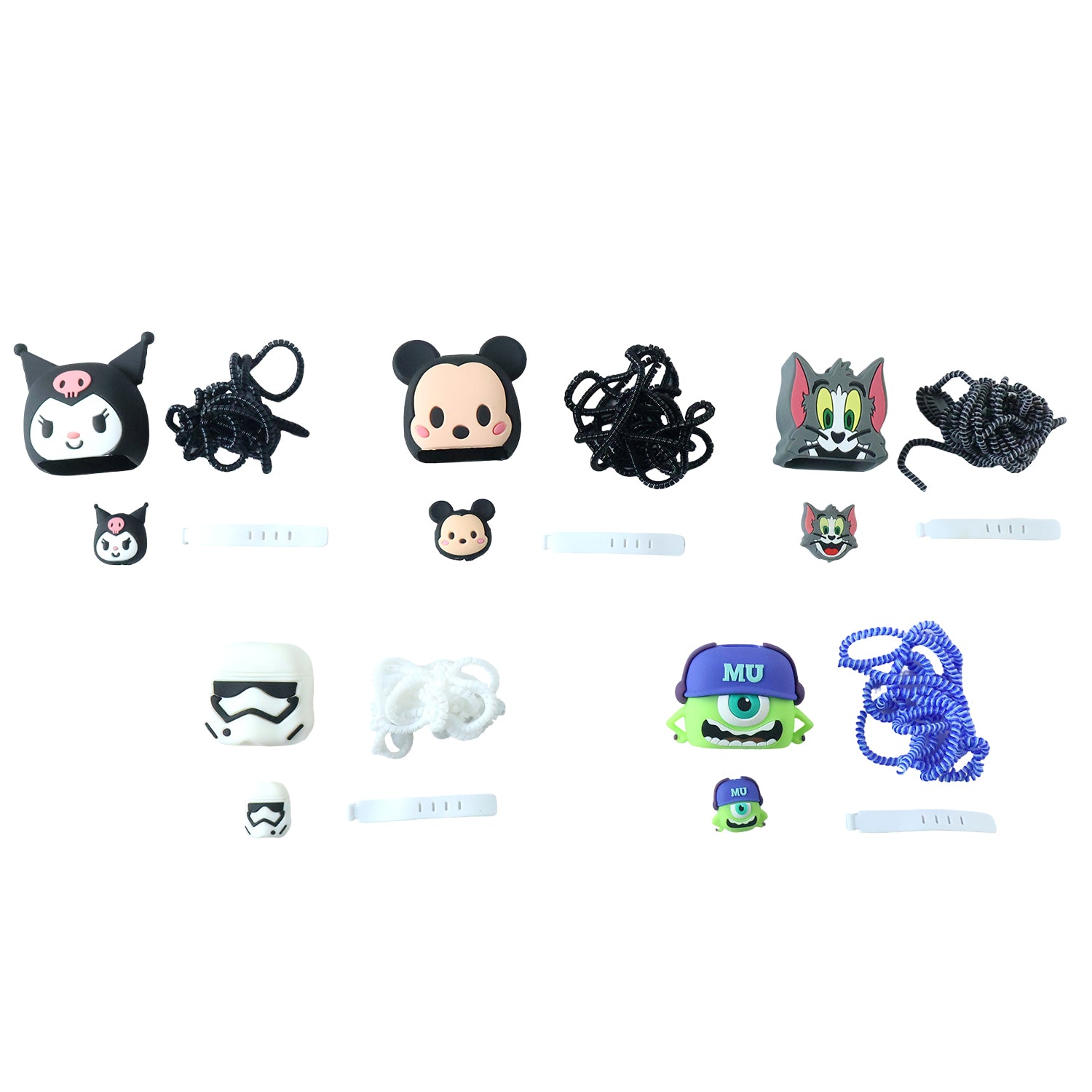Six sets of cartoon character charger covers, cable protectors, and cable ties on a white background.