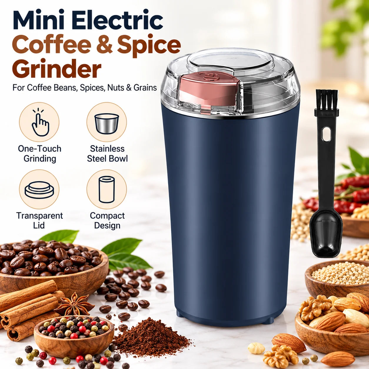 A dark blue electric grinder with a clear lid, a cleaning brush, and bowls of coffee beans, spices, and nuts.