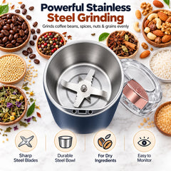 Overhead view of a dark blue grinder with an open stainless steel bowl and sharp blades, surrounded by various dry