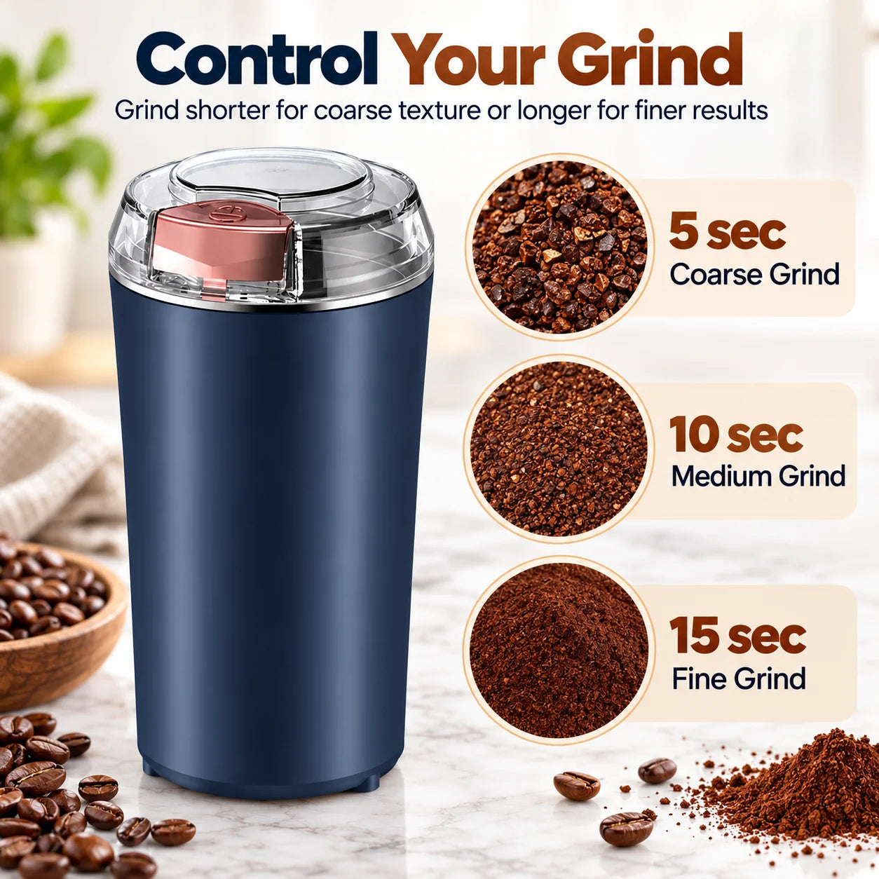 A dark blue electric grinder on a counter, displaying different textures of ground coffee for various grind times.