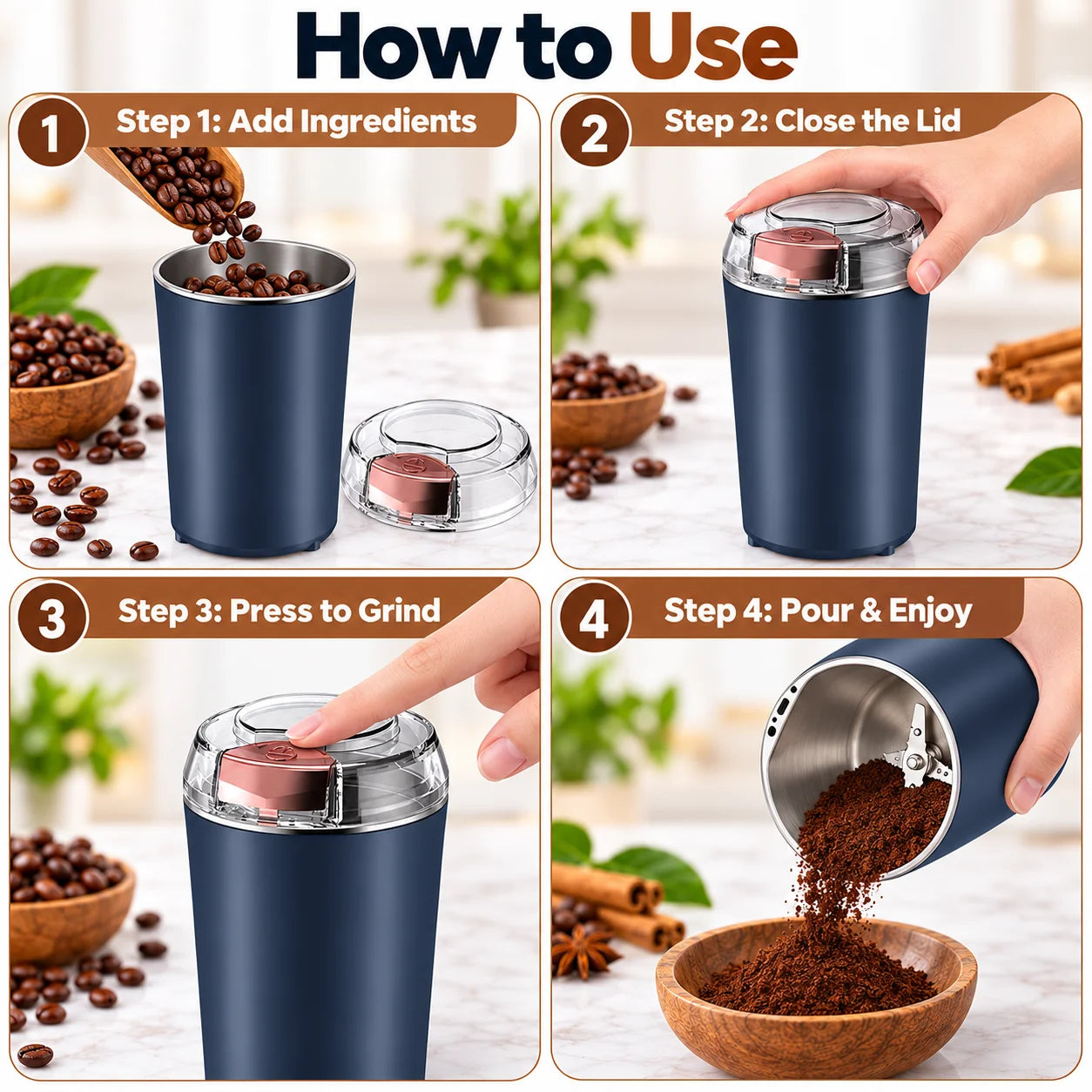 Four step-by-step images showing how to use the dark blue grinder, from adding ingredients to pouring ground coffee.