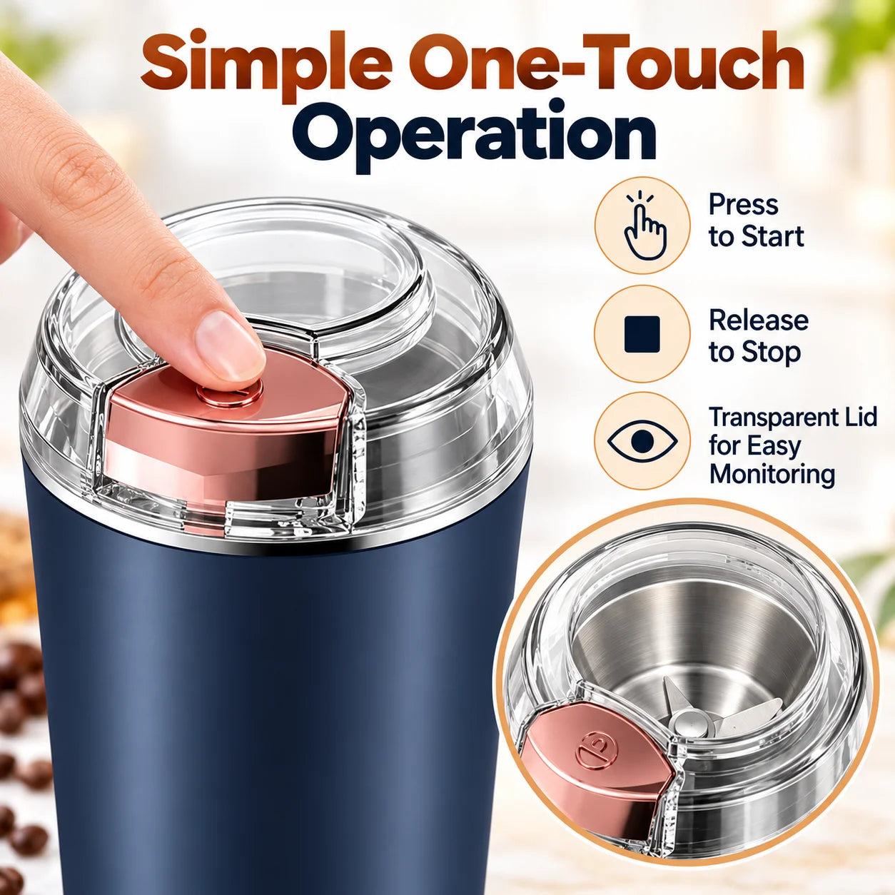 Close-up of a hand pressing the start button on the dark blue grinder, with a view of its transparent lid and interior.