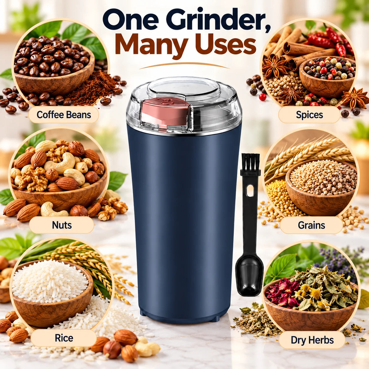 A dark blue grinder surrounded by bowls of coffee beans, spices, nuts, grains, rice, and dried herbs, showing its