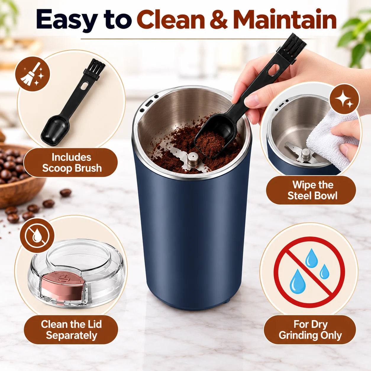 A person cleaning the stainless steel bowl of the dark blue grinder with a small brush, next to its transparent lid.