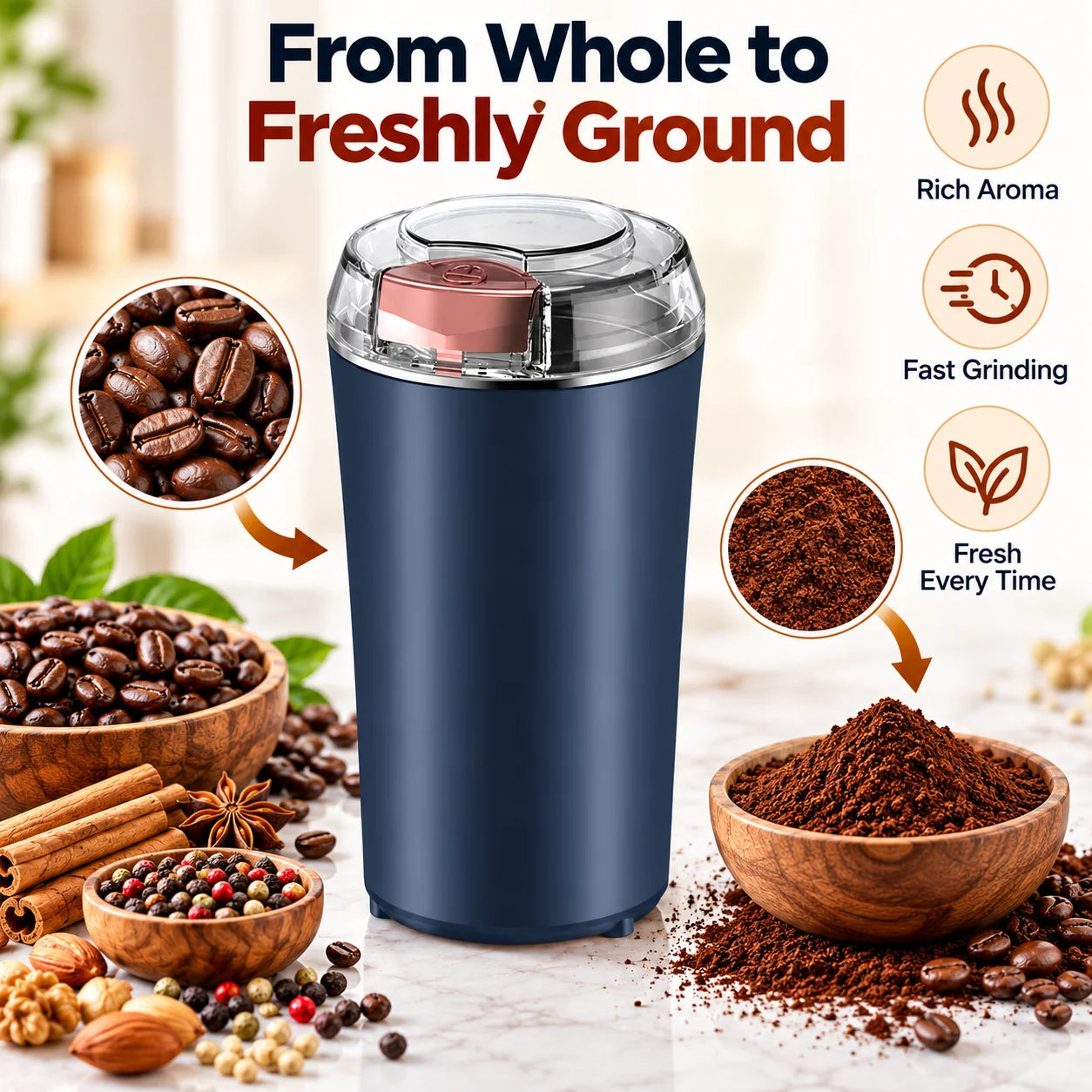 A dark blue electric grinder between a bowl of whole coffee beans and a bowl of freshly ground coffee powder.