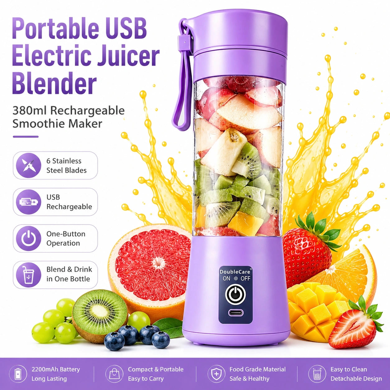 Portable USB Electric Juicer Blender – 6 Stainless Steel Blades | Rechargeable Protein Shaker & Smoothie Maker (380ml)