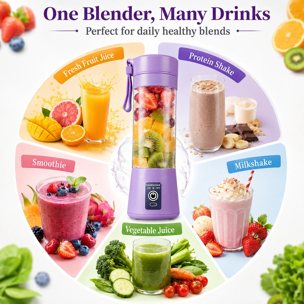 Portable USB Electric Juicer Blender – 6 Stainless Steel Blades | Rechargeable Protein Shaker & Smoothie Maker (380ml)