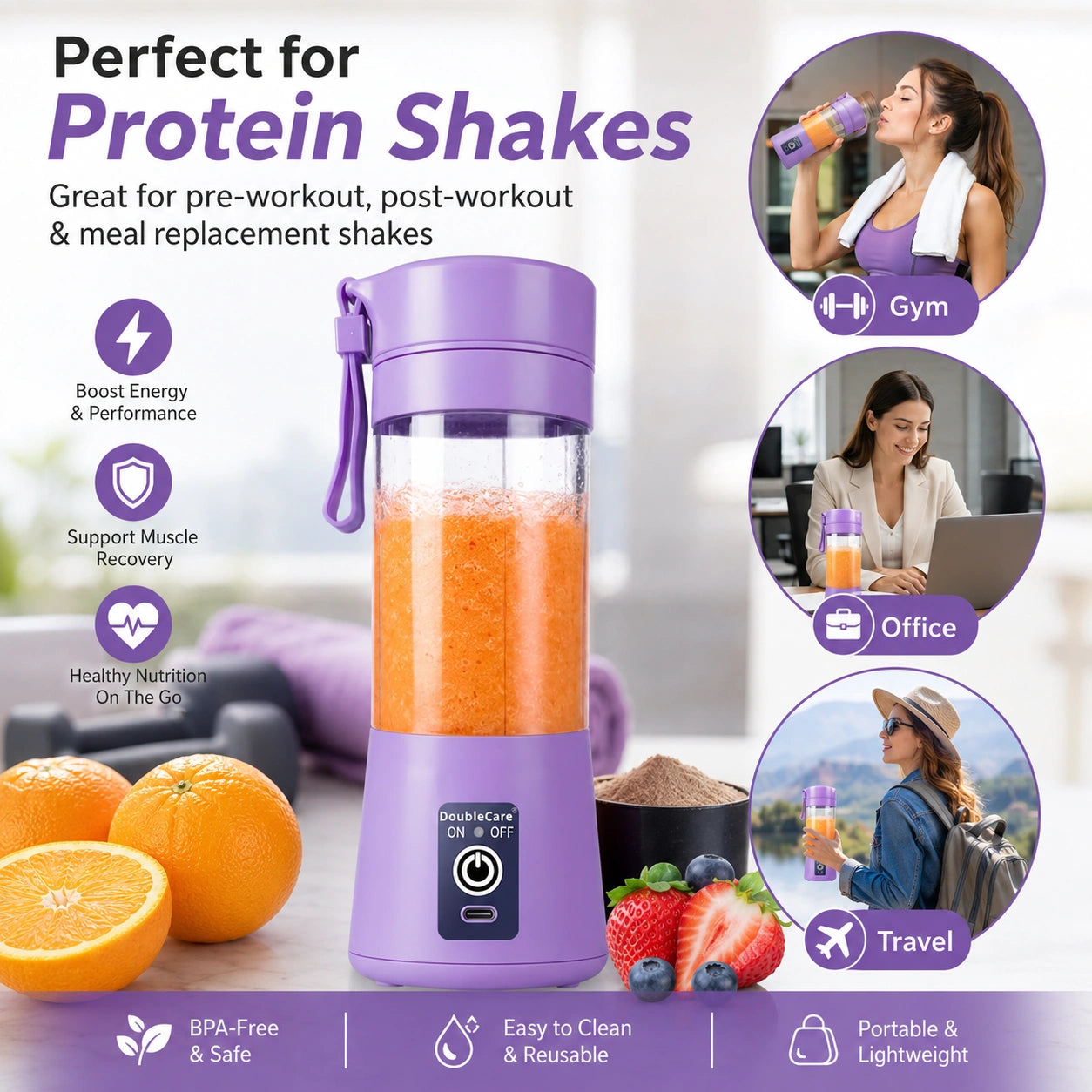 Portable USB Electric Juicer Blender – 6 Stainless Steel Blades | Rechargeable Protein Shaker & Smoothie Maker (380ml)