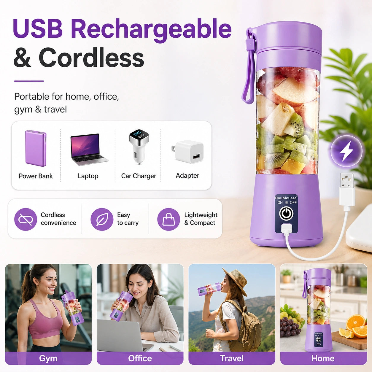 Portable USB Electric Juicer Blender – 6 Stainless Steel Blades | Rechargeable Protein Shaker & Smoothie Maker (380ml)