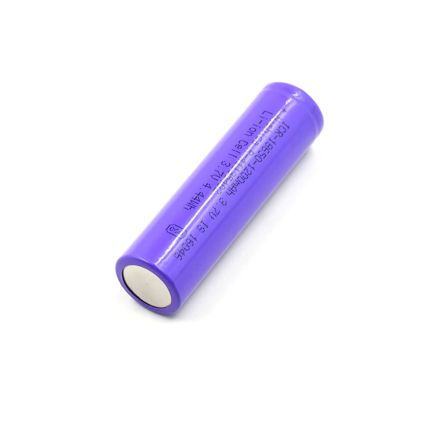 A single purple lithium-ion battery with white ends is angled on a plain white background.