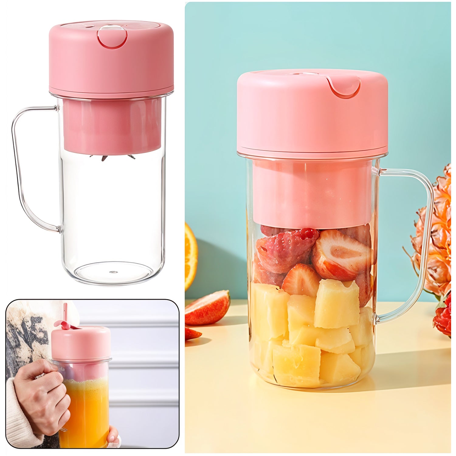 Portable USB Rechargeable 6-Blade Juicer Blender – 420ml Travel Smoothie Maker with Handle & Straw